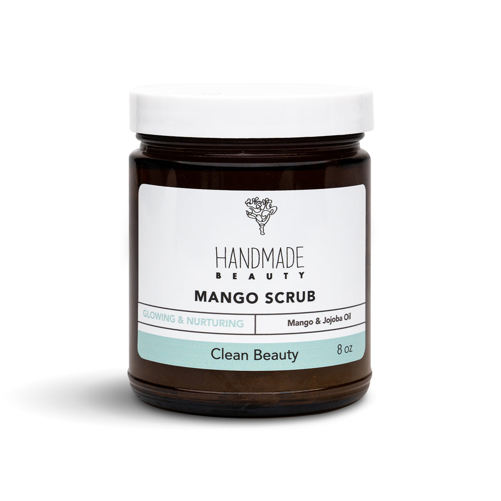 Mango Scrub 8 oz - Handmade Beauty Body Mango Scrub Why should you exfoliate? There are so many reasons like improving your skin texture, removing dead skin cells so that moisturizers can actually penetrate your skin, minimize the appearance of pores, and so on….Our exfoliating body polishes are infused with organic salts, sugars and oils to gently exfoliate dead skin cells leaving your skin refreshed, glowing and moisturized. Glowing &amp; Nurturing Directions: Apply scrub to clean wet skin and massage 