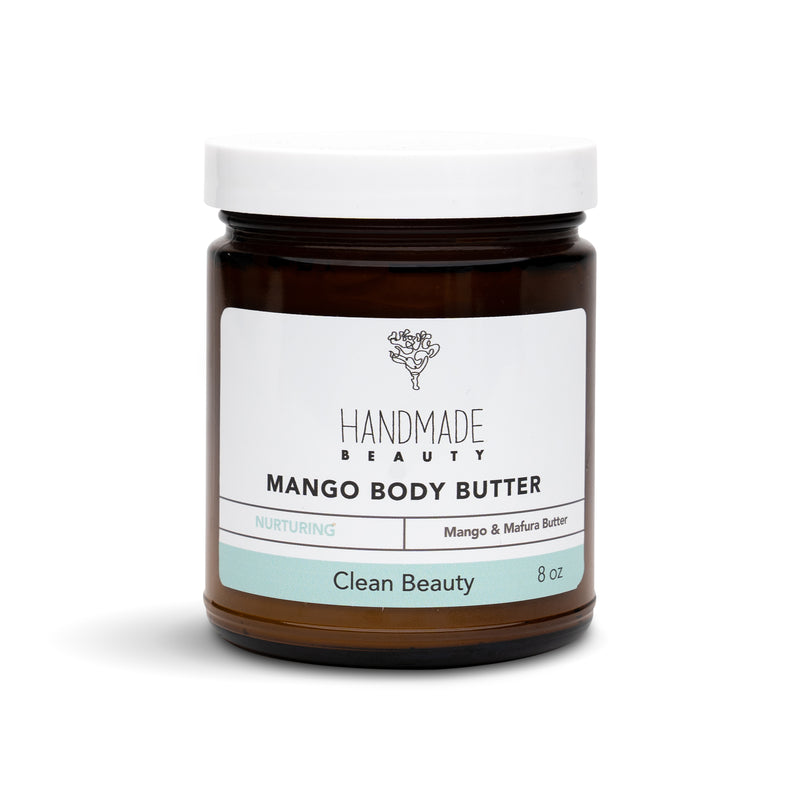 Mango Body Butter 8 oz - Handmade Beauty Body With Our Mango Body Butter Forget what you know about body butters. Our luxurious and ultra-hydrating Body Butter replenishes, softens and revitalizes your skin without the heaviness and greasiness. Perfect for all skin types and will keep your skin hydrated throughout the day. Nourishing Directions: Massage a small amount into your skin. The butter will absorb into your skin. INCI: Butyrospermum Parkii (Shea Butter) Fruit, Trichilia emetica (Mafura Butter), Pru