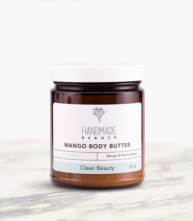 Mango Body Butter 8 oz - Handmade Beauty Body With Our Mango Body Butter Forget what you know about body butters. Our luxurious and ultra-hydrating Body Butter replenishes, softens and revitalizes your skin without the heaviness and greasiness. Perfect for all skin types and will keep your skin hydrated throughout the day. Nourishing Directions: Massage a small amount into your skin. The butter will absorb into your skin. INCI: Butyrospermum Parkii (Shea Butter) Fruit, Trichilia emetica (Mafura Butter), Pru
