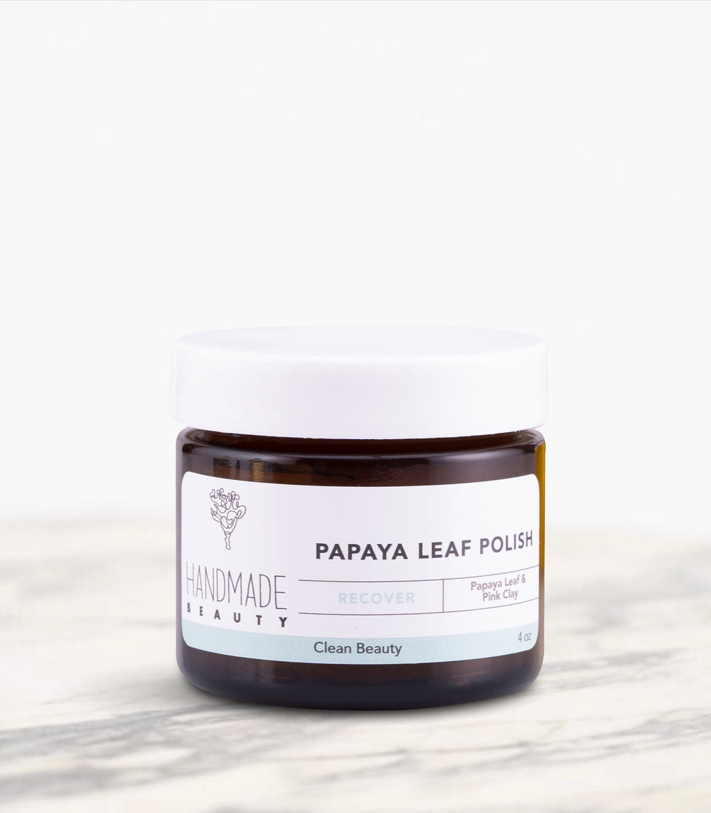 Papaya Leaf Polish 4 oz - Handmade Beauty Face Papaya Leaf Polish Why exfoliate your face? . Exfoliating the face removes dead skin cells which reveals a new layer of glowing skin. Our Papaya Leaf face scrub is infused with French Pink clay which contains detoxifying properties to help reduce pores, polishes the skin, and gently detoxifies your skin Recovery Directions: Apply scrub to clean wet skin and massage in a circular motion. Rinse well with water. Ingredients: Organic Caster Sugar, French Pink Cla