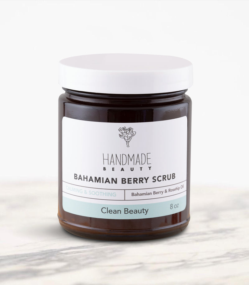 Bahamian Berry Scrub 8 oz - Handmade Beauty Body Why should you exfoliate? There are so many reasons like improving your skin texture, removing dead skin cells so that moisturizers can actually penetrate your skin, minimize the appearance of pores, and so on…. Bahamian Berry Scrub Our exfoliating body polishes are infused with organic salts, sugars and oils to gently exfoliate dead skin cells leaving your skin refreshed, glowing and moisturized. Calming &amp; Smoothing Directions: Apply scrub to clean wet