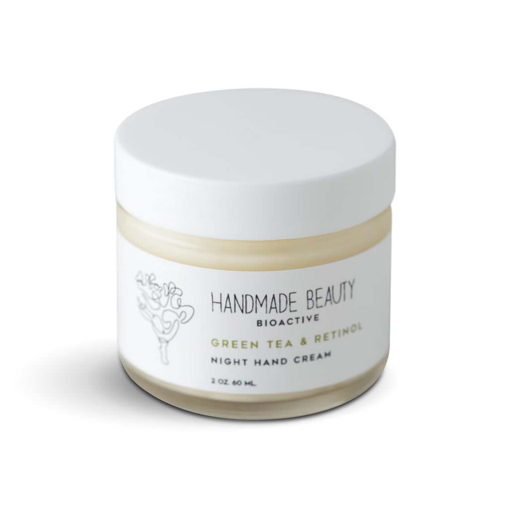 Green Tea & Retinol Night Hand Cream 2 OZ (60 ML) - Handmade Beauty Body Green Tea &amp; Retinol Night Cream for baby-smooth hands KEY BENEFITS Provides strong barrier for visible elasticity &amp; firmness Helps smooth &amp; diminish fine lines Hands often feel the first signs of aging, but your customers will regain that youthful glow with this nutrient-rich hand cream. This unique hydrator is both lightweight and effective, making it the perfect treatment for all-day protection and care. Our Nourishing Ha