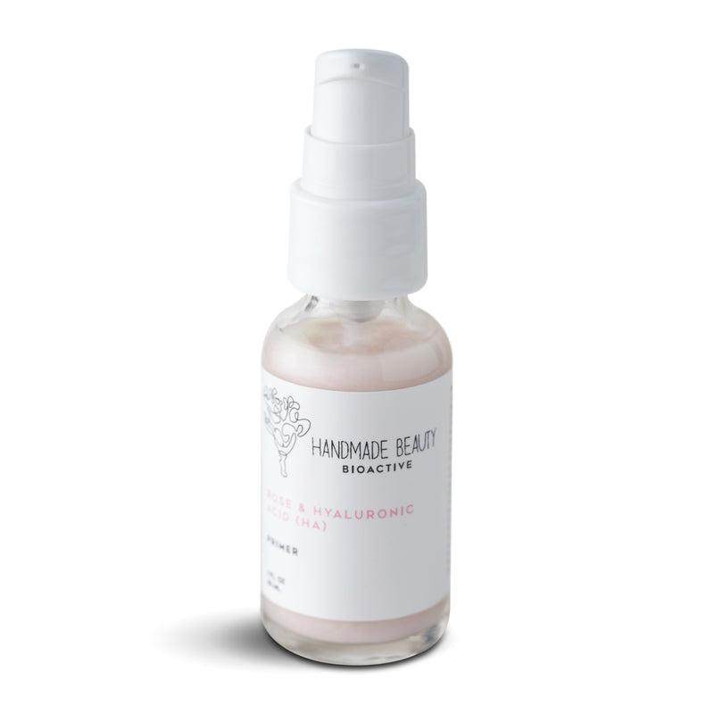 Rose & Hyaluronic Acid (HA) Primer 1 OZ (30 ML) - Handmade Beauty Face Rose &amp; Hyaluronic Acid (HA) Primer    KEY BENEFITS Preps skin with vitamins for longer-lasting makeup Deeply hydrates to visibly tighten, brighten &amp; plump Minimizes the appearance of pores, fine lines &amp; wrinkles This unique vitamin-rich essential formula smooths, hydrates, and revitalizes while preparing skin for long-lasting makeup wear. Energized with our exclusive fresh rose complex, this silky serum naturally hydrates a